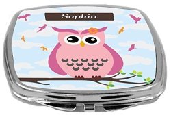Rikki Knight Cute Pink Owl On Branch With Personalized Name Design Compact Mirror Sophia 17 Ounce
