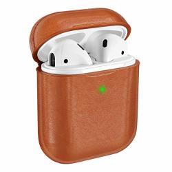 Leather Airpods Case Airpods Case Cover Wireless Charging Protective Cover Front LED Visible Compatible With Apple Airpod 2 & 1 Brown