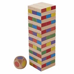 ECR4KIDS Risky Rainbow Tumble Tower For Kids Wood Stacking Block Game With Colorful Dice And Storage Bag Junior 10" Tall 54-PIECE Set