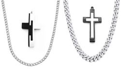 Stainless Steel Combo Set - His & Hers Detail Cross And Chain Set - Figaro