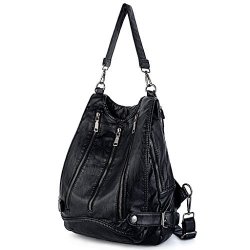 Women Uto Backpack Purse Pu Washed Leather Triple Front Zipper Convertible Ladies Rucksack Shoulder Bag