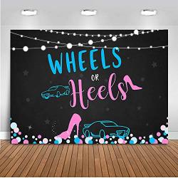 Mocsicka Wheels Or Heels Gender Reveal Backdrop Boy Or Girl Party Decoration 7X5FT Vinyl High Heels Or Hot Wheels Gender Reveal Banner Backdrops