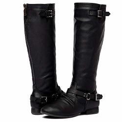 Womens Block Low Heel Knee High Boots Zipper Closure With Buckle Fashion Riding Boots Black 6.5
