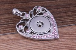 New Fashion Noosa Silver Plated Alloy Heart Pendant For Snap Button With Pink Crystals