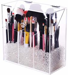Foocorddy Covered Makeup Brush Holder With Dustproof Lid 750G Pearls Beads Large Capacity Acrylic Clear Cosmetic Brush Storage Organizer For Vanity
