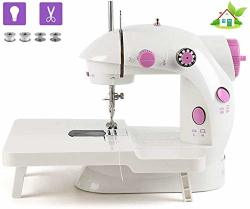 MINI Sewing Machine Double Speed Double Thread Household Electric Sewing Machine With Extension Table Foot Pedal Lamp Thread Cutter Safety Cover 202A Pink