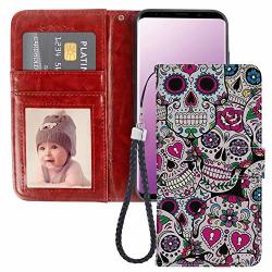 Samsung Galaxy S9 Plus Wallet Case Sugar Skull Pu Leather Card Holder Phone Cover With Wrist Strap For Samsung Galaxy S9 Plus Case