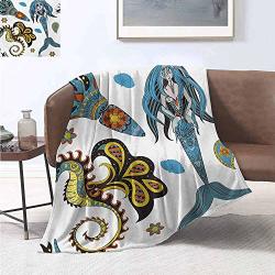 Soft Blanket Mermaid Artistic Oceanic Figures Sea Horse And Calmar Pattern Drawing Effect Pale Blue Yellow Orange Blanket For Sofa Couch Bed 50"X70" Inch