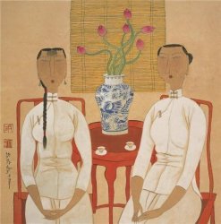 RichardGallery Oil Painting 'hu Yongkai Two Women Seated 21TH Century' Printing On Perfect Effect Canvas 8X8 Inch 20X21 Cm The Best Bedroom Decoration And