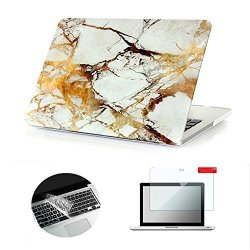 SE7ENLINE Marble Macbook Pro Case Bundle Hard Shell Print Frosted White Gold Marble Pattern Rubber Coated Cover With Clear Silicone Keyboard Cover And Screen