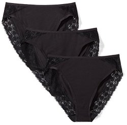 Amazon Brand - Arabella Women's Smooth Cotton High Leg Lace Detail Brief Panty 3 Pack Black Medium