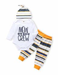 Itkidboy Newborn Baby Boy Girl Summer Clothes New To The Crew Letter Print Romper+long Pants+hat 3PCS Breathable Outfits Set 02-WHITE 6-12 Months