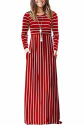 Hount Women's Long Sleeve O Neck Striped Flowy Casual Long Maxi Dress With Pockets 1-LONG Sleeve Red Large