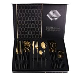 24 Piece Stainless Steel Cutlery Set - Gold black