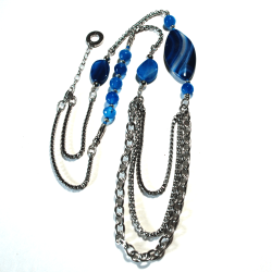 Atenea Handmade Long Blue Agate & Stainless Steel Chain Necklace