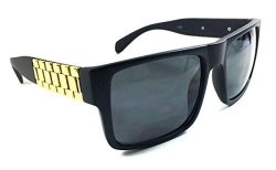 Metal Links Watch Band Square Hip Hop Sunglasses Matte Black & Gold Frame Black
