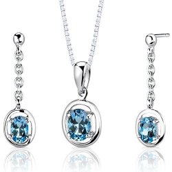 SWISS Blue Topaz Pendant Earrings Necklace Sterling Silver Rhodium Nickel Finish Oval Shape Dangle S