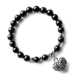 Black Onyx Agate Natural Healing Stone Heart Beaded Bracelet Stretchy Charm Beads Bracelet For Women
