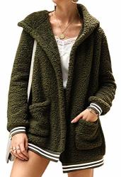 Ecowish Women's Jacket Fleece Long Sleeve Open Front Hooded Jackets Cardigan Coat Top Winter Outwear With Pockets Army Green Medium