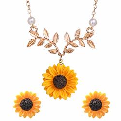 S-WAY Hypoallergenic Sunflower Pearl Leaf Chain Resin Boho Handmade Drop Pendant Necklace Plated Sunflower Resin Earring Set Leaf-gold