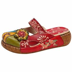 Mordenmiss Women's Colorful Backless Slippers Flowers Leather Vintage Boho Platform Flat Sandals Red Us 8-8.5