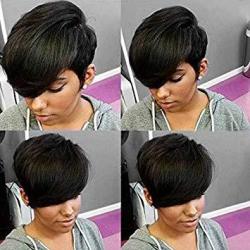 Hotkis Short Human Hair Wigs For Black Women Short Pixie Cut Wigs Black Side Bangs Short Wigs Human Hair Short Wigs Side Bangs Cut