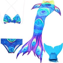 Girls' Mermaid Tail Swimsuit Set Swimming Costume Swimwear With Monofin ...