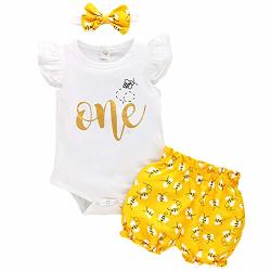 Baby Girl One Birthday Outfits Honey Bee Ruffle Sleeve Romper+bumble Bee Shorts+headband 3PCS Summer Clothes White 12-18 Months
