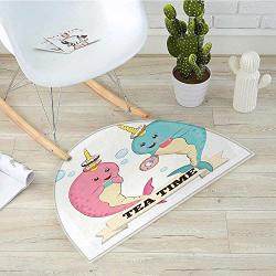 Narwhal Semicircular Cushiontea Drinking Whales Ocean Unicorn With Abstract Bubbles Backdrop Entry Door Mat H 47.2" Xd 70.8" Pale Blue Beige Pale Pink