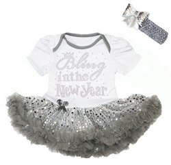 Bling In The New Year Baby Dress White Bodysuit Grey Sequins Tutu Romper NB-18M 6-12 Months