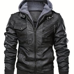 Men's Pu Leather Hooded Pockets Zipper Long Sleeves Jackets