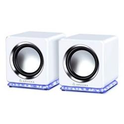Arvicka Blue LED USB Speakers- Wired Laptop Speakers 2.0 Channel Small Computer Desktop Speakers For PC Echo Dot Updated Version White
