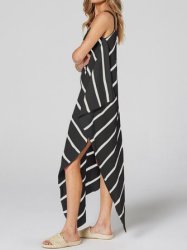Women Casual Loose Striped Split Hem Strap Dress