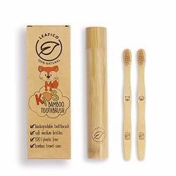 Leafico Bamboo Toothbrush Kids With Travel Case Biodegradable And Eco-friendly Wood Baby Toothbrushes With Animal Design For Children - Natural And Organic