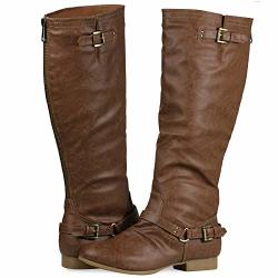 Women's Block Low Heel Knee High Boots Zipper Closure With Buckle Fashion Riding Boots Tan 7