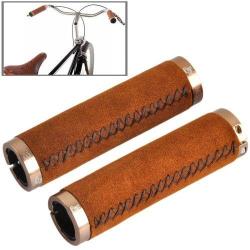2 Pcs Bicycle Mtb Bike Lock-on Comfort Anti-fur Leather Handlebar Hand-stitched Grips Brown