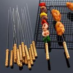 Casey 12 Piece Stainless Steel 30CM Length Bbq Kebab Skewers With Wooden Handle- Stainless Steel Skewers Are Rustproof And Reusable Perfect For Grilling Easy