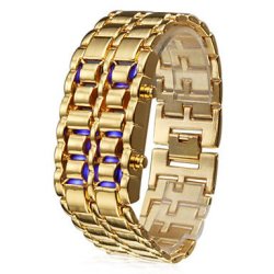 Mens Watch Blue Led Digital Lava Style Gold Steel Band