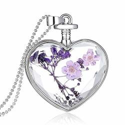 Hmlai Women Dry Flower Heart Glass Wishing Bottle Pendant Necklace Mother's Day Jewelry Gift E
