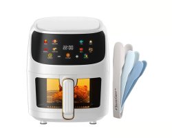 8L Air Fryer With Clear View Food Basket And Nesting Tongs Set - Off White
