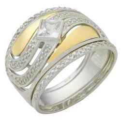 9CT GOLD&SILV - Cubic Zirconia Rhombic Curve Tripset Ring