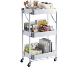 Storage Shelf Rolling Cart Basket Tray Foldable Trolley Organizer - 3 Tier - White