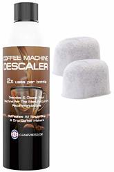 2+2 2-USE Coffee Machine Descaling Solution Plus 2 Filters - Universal Descaler Concentrate For All Keurig 1.0 & 2.0 K-cup Pod Machines And Espresso Machines