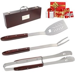Romanticist Heavy Duty Bbq Tools Set - 4PC Grill Tools Gift Kit With Extra Long Color Wood Handle - Stainless Steel Barbecue Grilling Utensils