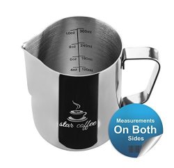 Star Coffee 12 20 Or 32OZ Stainless Steel Milk Frothing Pitcher - Measurements On Both Sides Inside Plus Ebook & Microfiber Cloth - Perfect