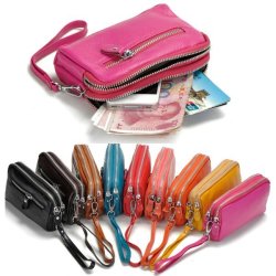 Women Men Genuine Leather Double Zipper Wallet Clutches Card Holder Phone Bags Coin Bags