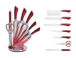 Royalty Line 8-PIECE Stainless Steel Knife Set With Rotating Stand - Burgundy