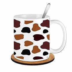 Cow Skin Animal Spots Milk Dalmatian Barnyard Camouflage Dots White Brown Black Ceramic Cup With Spoon & Round Wooden Coaster Milk Coffee Tea Mug