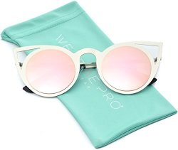 Womens Cateye Retro Fashion Retro Round Lens Cat Eye Sunglasses Silver Frame pink Lens 56