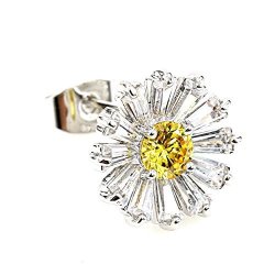 United Elegance - Gorgeous Floral Inspired Silver Tone Designer Earrings With Sparkling Canary Yellow Swarovski Style Crystal & Baguettes Floral